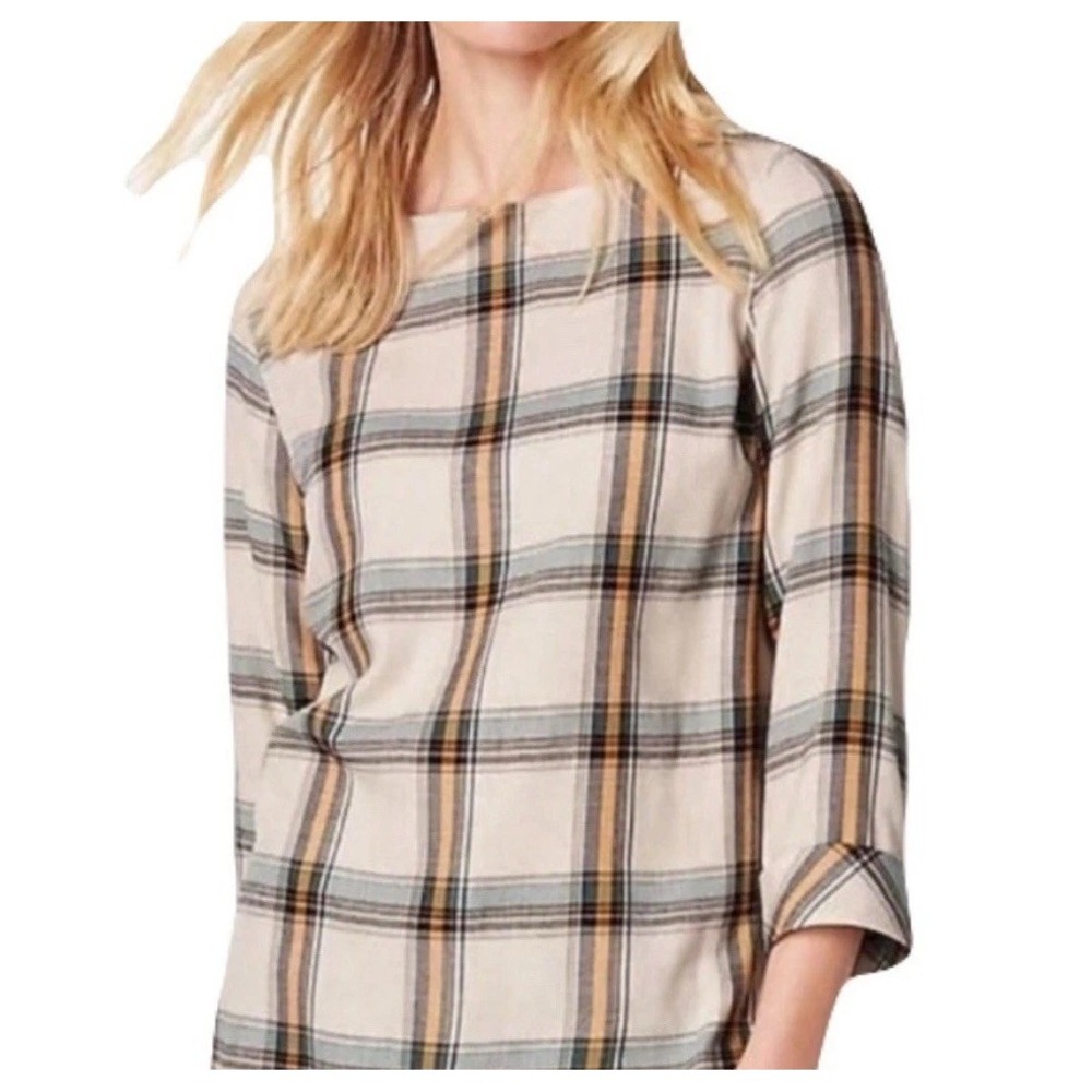 J.Jill Womens Plaid Bateau Neck Top Size M Lightweight Woven Casual Blouse